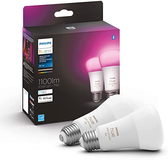 Philips Hue White and Colour Ambiance A19 Medium Base (E26) Smart LED Bulb (2-Pack)