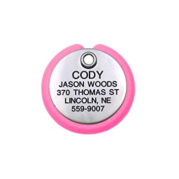 LuckyPet Pet ID Tag - Round Plastic Frame Tag - Dog Tags & Cat Tags - Deeply Custom Engraved - Size: Small, Color: Stainless Steel & Neon Pink