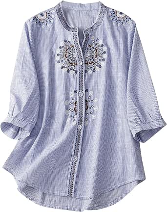 Mexico Shirts for Women Summer Embroidered Blouse Cotton Linen Round Neck Tops Vintage Loose Button-Down T-Shirt