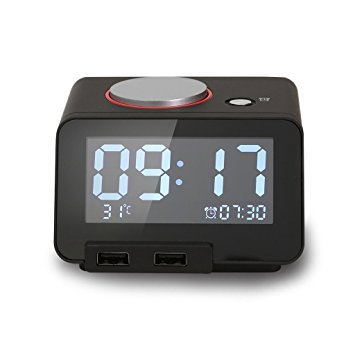 Multi-function Alarm Clock, Indoor Thermometer, Charging Station/Phone Charger with Dual Port for iphone/ipad/ipod/Android phone&tablets(C1 Black)