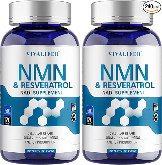 NMN Resveratrol 1500mg Per Serving, 99% Ultra Purity NMN and Trans-Resveratrol Supplement Enhanced Absorption, Promotes Anti-Aging, Skin Health and Promotes Immune - 2PACK Total 240 Capsules