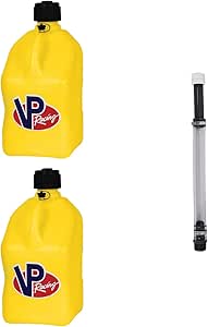 VP Racing 5.5 Gallon Square Motorsport Container Yellow (2 Pack) with 1 Deluxe Hose - Includes Close-Trimmed Cap and Neck for Tight Seal