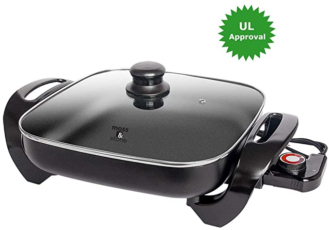Ultimate Nonstick Electric Skillet 12" Square Aluminum Stamping Fry Pan With 2 Layers Of Non-Stick Interior Coating | Adjustable Temperature Control | Class Lid With Steam Vent & Heat-Resistant Handles | Perfect Gift | UL approval
