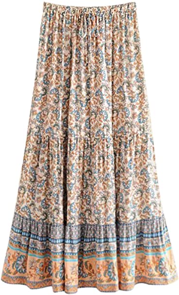 Milumia Women's Boho Vintage Print Pockets A Line Maxi Skirt