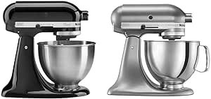 KitchenAid Classic Series 4.5 Quart Tilt-Head Stand Mixer K45SS, Onyx Black & Artisan Series 5 Quart Tilt Head Stand Mixer with Pouring Shield KSM150PS, Contour Silver