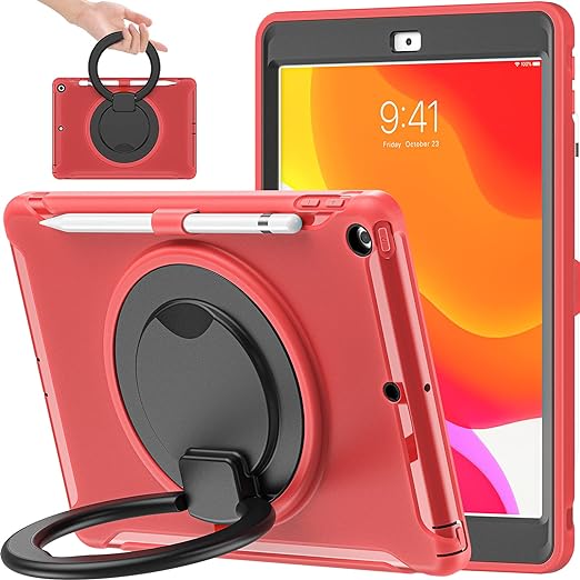 BATYUE iPad 9th/ 8th/ 7th Generation Case (iPad 10.2 Case 2021/2020/2019) with Screen Protector,Rugged Case with Rotating Stand/Pencil Holder/Pencil Cap Holder (Red)