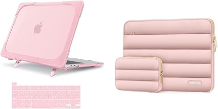 MOSISO Compatible with MacBook Pro 13 inch Case M2 2024-2020 M1 A2238 A2289 A2251, Heavy Duty Plastic Hard Case with Fold Kickstand&Puffy Horizontal Sleeve with Small Case&Keyboard Cover, Pink