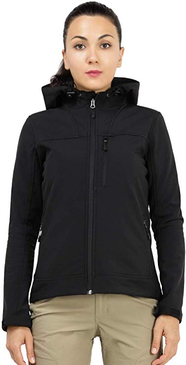 MIER Women's Hooded Softshell Jacket Tactical Jacket with Fleece Lined for Hiking Travel Work Casual, Water Resistant, Black