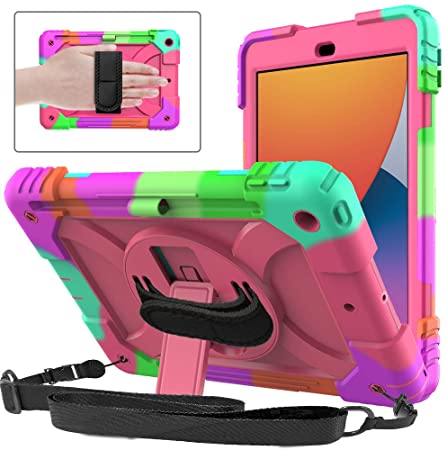 eTopxizu Rugged Case for New iPad 10.2 Inch 2020/2019, Three Layer Hybrid Shockproof [360 Rotating Stand] [Hand Strap] [Pencil Holder] Case for iPad 8th/7th Generation, iPad 10.2 Case, Pink