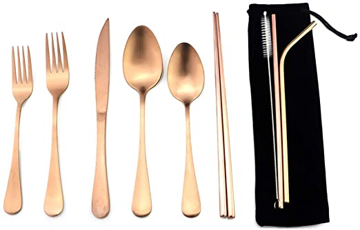 Rose Gold Reusable Utensils with Case Camping Travel Silverware Set,Portable Stainless Steel Cutlery Set - Matte Flatware Knife Fork Spoon Mirror Straws Chopsticks - for Office Lunch, Hiking, School