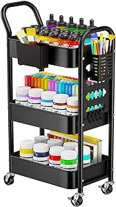 Pipishell 3-Tier Rolling Cart, Metal Utility Cart with Pegboard, Lockable Wheels & U-Shaped Handle, Storage Cart with 2 Hanging Cups & 4 Hooks for Living Room, Bedroom, Kitchen, Office (Black)