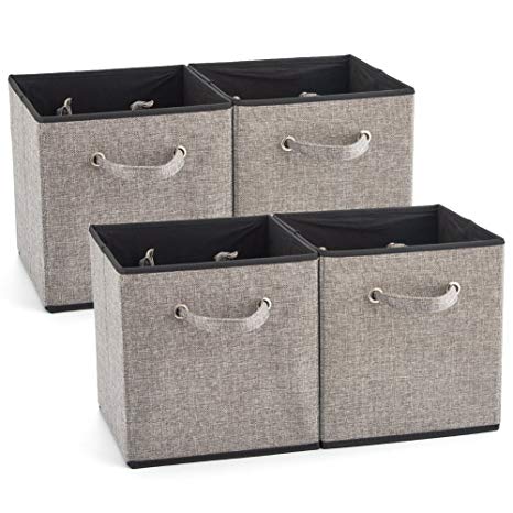 EZOWare 4 Pack Fabric Foldable Cubes Bin Organizer Container with Handles (10.5 x 10.5 x 11 inch) for Drawer, Nursery, Closet, Office, Home - Gray