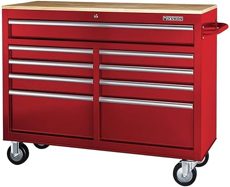 Mobile Storage Cabinet with Solid Wood Top 9 Drawer 46 Inches Built Tough Yukon RED