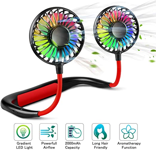 Neck Fan,Anyfun Hands Free Personal Fan, USB Portable Fan Rechargeable with Colorful LED Flashing,2000mAh Battery,360° Rotation,Lower Noise but Strong Airflow for Sport Travel Fishing Camping (Black)