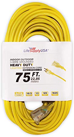 LifeSupplyUSA 16/3 75ft SJT 13 Amp 125 Volt 1625 Watt Lighted End Indoor/Outdoor Heavy Duty Extension Cord (75 Feet)