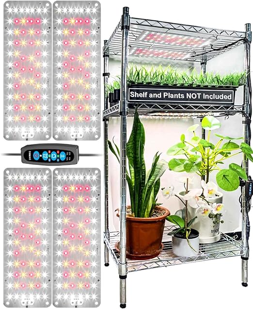 DOMMIA Grow Light, 50W Grow Lights for Indoor Plants Full Spectrum with 4 Panels & Timer, 288 LED, Dimmable Ultra-Thin Panel Plant Lights Indoor for Seedlings/Veg/Flowers for Shelves, Cabinet