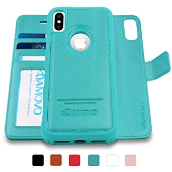 AMOVO iPhone X Case [2 in 1], iPhone X Wallet Case [Detachable Folio] iPhone X Leather Case [Premium Vegan Leather] Flip Case Cover for iPhone X with Gift Box Package (Aqua)