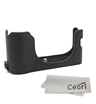 CEARI Leather Camera Half Case Bottom Case for Fujifilm X100F Digital Camera   MicroFiber Cloth - Black