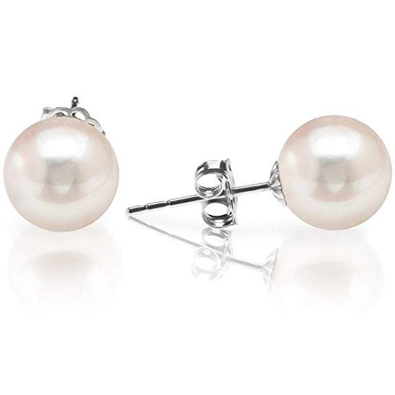 :AVOI Handpicked AAA  14K Gold or Sterling Silver Round White Freshwater Cultured Pearl Earrings