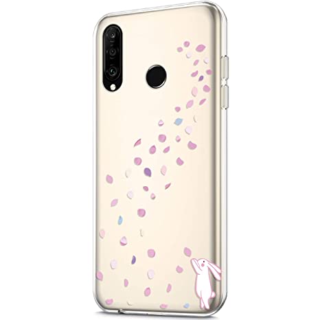 Case for Huawei P30 Lite,Crystal Clear Art Panited Design Soft & Flexible TPU Ultra-Thin Transparent Soft Rubber Gel TPU Protective Case Cover for Huawei P30 Lite Silicone Case,Cherry blossom rabbit