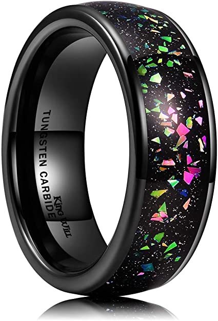 King Will Mens 8mm Rose Gold Plated Tungsten Carbide Wedding Ring Colorful Fragments Inlay Domed Style