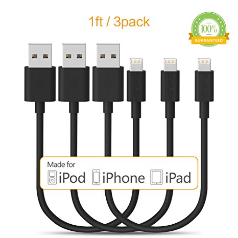 [Apple MFI Certified]Kinps®1FT 8 pin Lightning Cable USB Cable Sync Charger Data Cord for Apple iPhone 5 / 5s / 5c / 6 / 6 Plus, iPod 7, iPad mini / mini 2/ mini 3, iPad Air / iPad Air 2 (1FT - Black - 3pack)