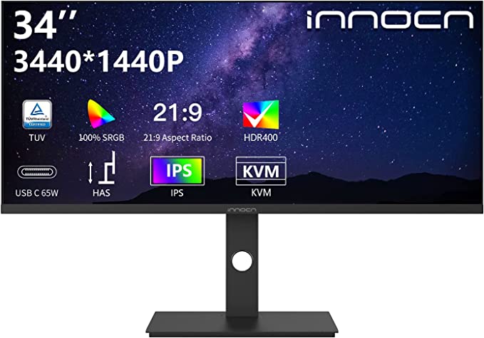 INNOCN 34" Ultrawide Monitor 21:9 WQHD 3440 x 1440p IPS Display 100% sRGB 75Hz Adaptive Sync HDR400 USB Type-C Monitor, Ultra Narrow Bezels, Height Adjustable, Mountable - 34C1Q