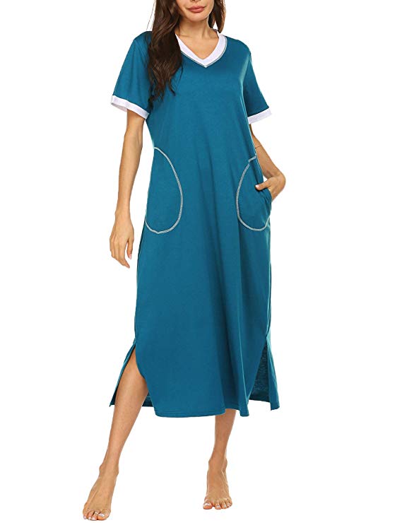 Sleepwear Women’s Nightshirt Short Sleeve Nightgown with Pocket Sleep Dress Full Length
