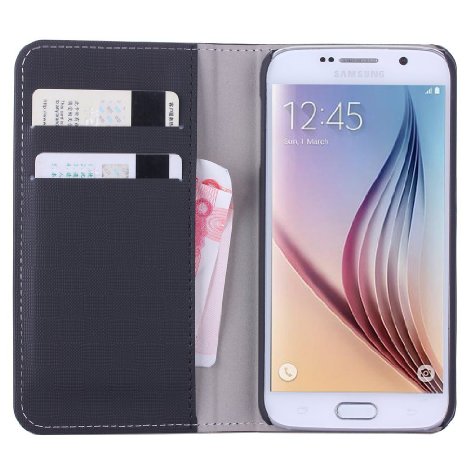 WOFALA Samsung Galaxy S6 Case,Multi function card slot/Pocket Money Slot with PU Leather Wallet Flip Cover Case for Samsung Galaxy S6-Black