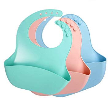 Acecharming Silicone Baby Feeding Bibs Waterproof Silicone Bib Baby Bibs with Wide Food Crumb Catcher Pocket Super Soft and Comfy for Babies & Toddlers (3 colours)
