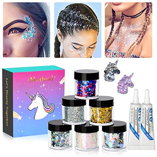 Holographic Chunky Body Glitters Set - 6 Jars iMethod Cosmetic Glitters Flakes, for Festival Face Makeup, Body, Hair, Nail and other Occasions