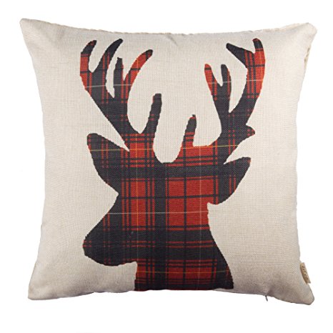 Cotton Linen Fjfz Home Decorative Throw Pillow Case Cushion Cover for Sofa Couch Christmas Winter Deer, Scottish Buffalo Plaid, Red, 18" x 18"