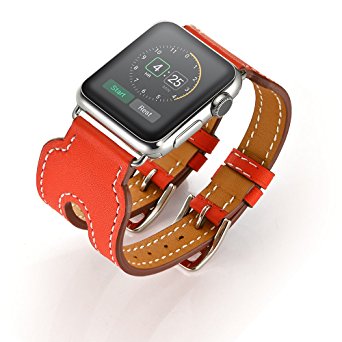 LoveBlue for Series 2 Series 1 Watch Band,Double Buckle Cuff Apple Watch Leather Band, Genuine Leather Band Bracelet Wrist Watch Band with Adapter for Apple Iwatch(42mm, Double Buckle Orangered)