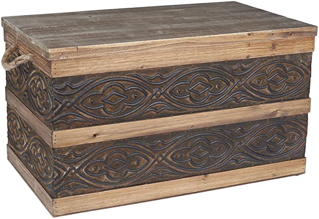 Household Essentials Decorative Metal Banded Wooden Storage Trunk with Handles, Large