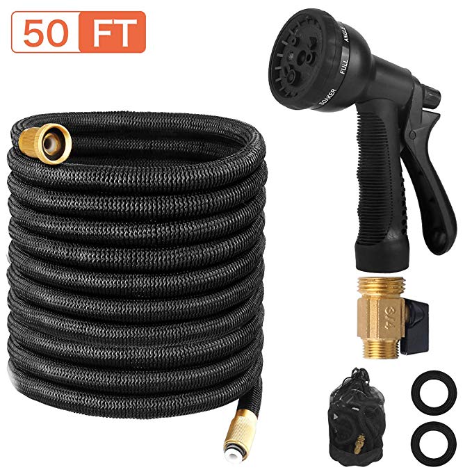 Page Hodge Expandable Garden Hose, 50 FT Flexible Water Hose, Triple Layered Latex Core & 8 Patterns Spray Nozzle for Home & Heavy Duty Commercial Use (50 FT, Black)