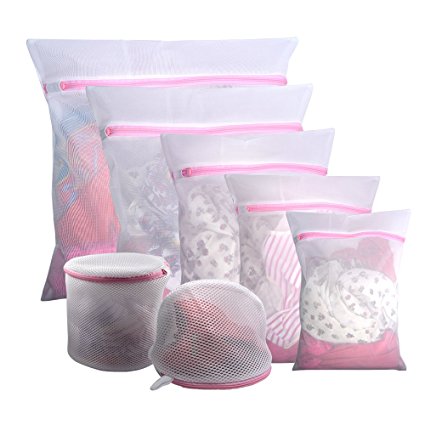 Gogooda 7Pcs Mesh Laundry Bags for Delicates with Zipper, Clothing Washing Bags for Laundry,Blouse, Hosiery, Stocking, Underwear, Bra and Lingerie, Travel Laundry Bag (Pink)