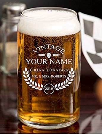 Personalized Beer Glass - Custom Engraved Beer Mug, Pint Glass, Pilsner Glass, Pitcher. | Add your own Engraved Text - Vintage Design (Beer Can Glass 16oz)