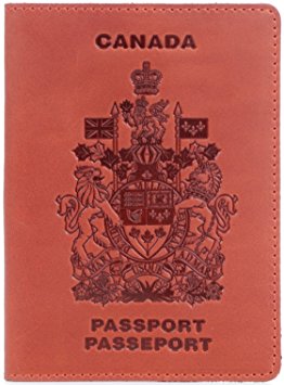 Shvigel Passport Cover - 100% Genuine Leather - Arms of Canada Embossing - for Men & Women - Passeport Holder - Modern Travel Document Case (Red Vintage)