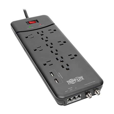 Tripp Lite 12 Outlet Surge Protector Power Strip, 2 USB Charging Ports, Tel/Modem/Coax Protection, 8ft Cord Right Angle Plug, Black, Lifetime Insurance & $150K Insurance (TLP128TTUSBB)