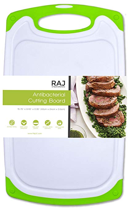 Raj Plastic Cutting Board Reversible Cutting board, Dishwasher Safe, Chopping Boards, Juice Groove, Large Handle, Non-Slip, BPA Free, FDA Approved (16", White/Green)
