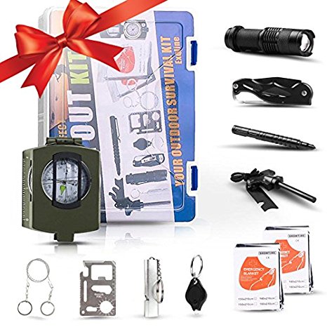 Hiking Survival Kit - Exqline 12 in 1 Professional Outdoor Emergency Survival Gear Kit for Hiking Camping Hunting with Military Compass Survival Knife Fire Starter Whistle Flashlight Christmas Gift