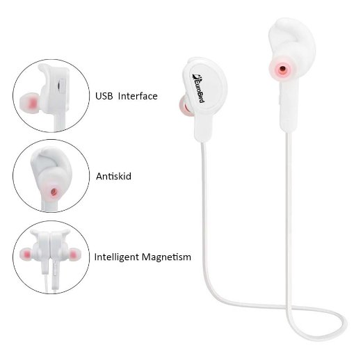 Bluetooth Headphones, Aidbucks HM2040 V4.1 Wireless Sport Headphones Stereo Noise Cancelling Sweatproof Earbuds with Microphone for iPhone iPad Samsung and Other Bluetooth Android Devices(white)