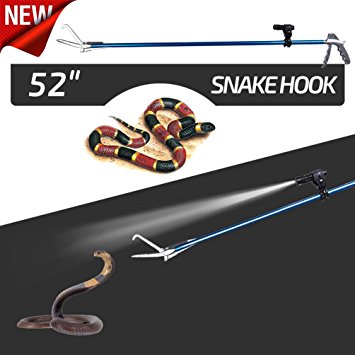 52 Inch Professional Standard Snake Tongs Reptile Grabber Rattle Snake Catcher Wide Jaw Handling Tool,with Blue Coating and Good Grip Handle，Smart Bright Flashlight