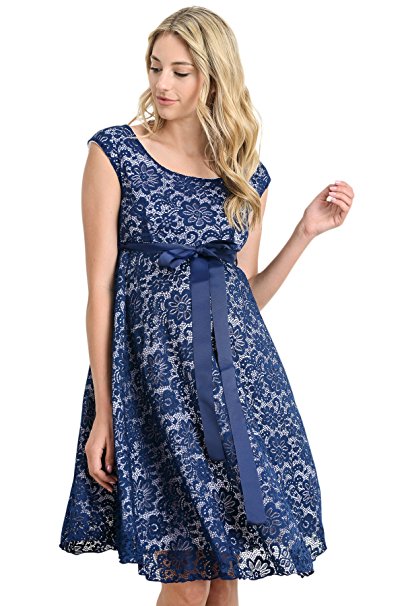 Hello MIZ Maternity Floral Lace Baby Shower Party Cocktail Dress With Ribbon Waist