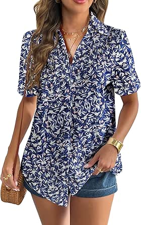 Zeagoo Women Linen Button Down Shirt Rolled Cuffed Short Sleeve Blouse Ladies Summer Casual V Neck Beach Cotton Tops