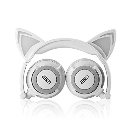 Kids Safe Headphones,LESHP Flashing Glowing Cosplay Fancy Cat 3.5MM Ear Headphones Foldable Over-Ear Gaming Headsets Earphone with LED Flash light - White