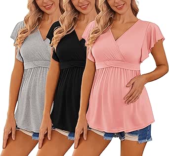 Ekouaer Maternity Shirts 3 Packs Flying Short Sleeve Nursing Tops Pregnancy Clothes