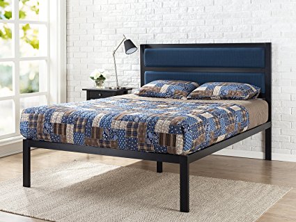 Zinus 16 Inch Platform Bed / Metal Bed Frame / Mattress Foundation with Tufted Navy Panel Headboard / No Box Spring Needed / Wood Slat Support, Queen