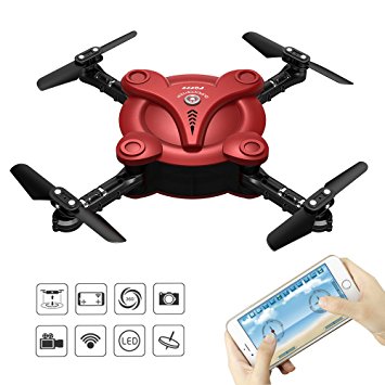 RC Quadcopter Drone with FPV Camera and Live Video - Flexiable Foldable Aerofoils - App and Wifi Phone Control UAV - Altitude Hold 3D Flips & Rolls- 6-Axis Gyro Gravity Sensor RTF Helicopter, Red