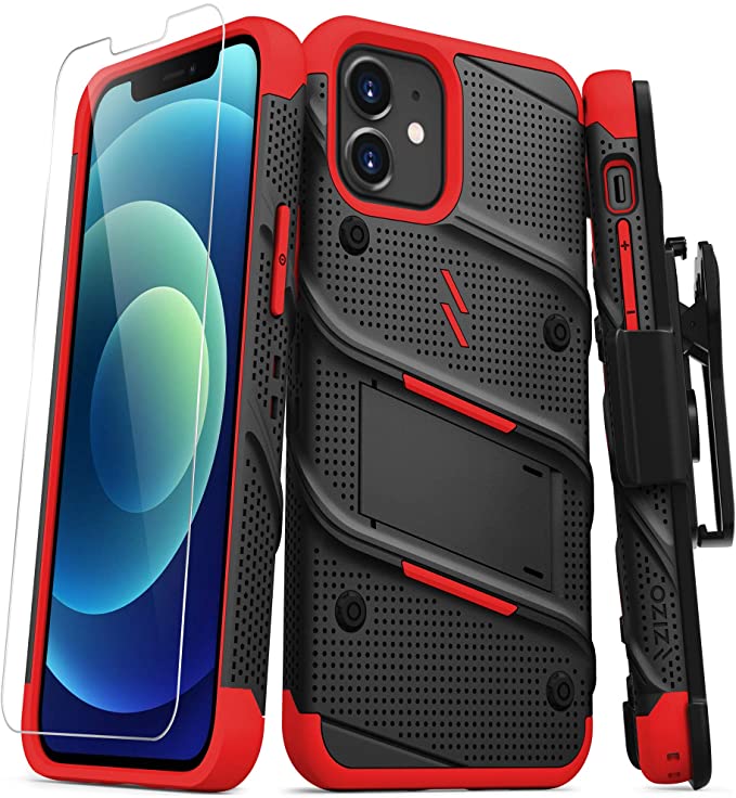 ZIZO Bolt Series for iPhone 12 / iPhone 12 Pro Case with Screen Protector Kickstand Holster Lanyard - Black & Red